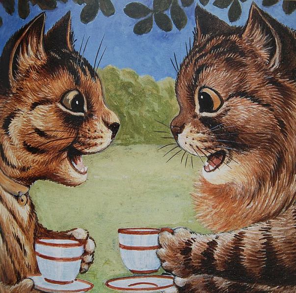 Cats at a tea party. Art by Louis Wain (1860-1939), the famous English illustrator of anthropomorphic cats.
